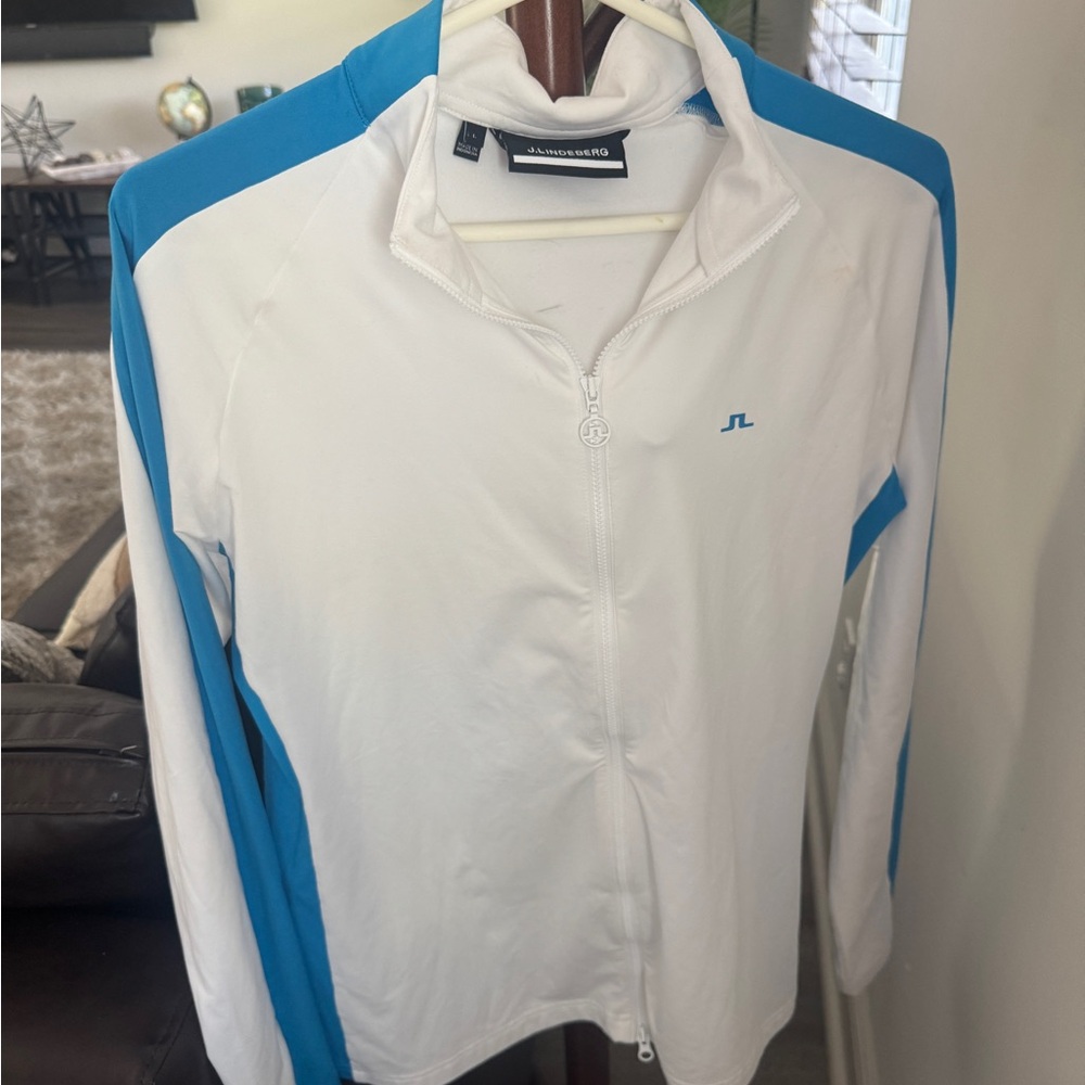 J Lindeberg White & Blue Zip-Up Jacket Mid Layer Jarvis Golf MSRP‎ $145  Small
